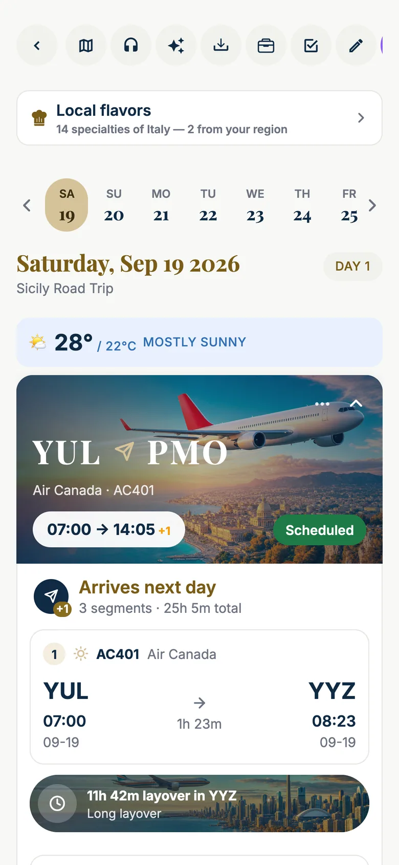 iPhone screen of Saturday, Sep 19 2026, day 1 of the Sicily Road Trip, weather 28°/22°C mostly sunny, with the flight card expanded: a hero image of an airliner over Palermo with 'YUL ✈ PMO', 'Air Canada · AC401', a pill '07:00 → 14:05 +1' and a green 'Scheduled' badge; then 'Arrives next day · 3 segments · 25h 5m total', segment 1 'AC401 Air Canada — YUL 07:00 → YYZ 08:23, 1h 23m' and a banner '11h 42m layover in YYZ — Long layover' over a photo of the Toronto skyline, with the next segments below.