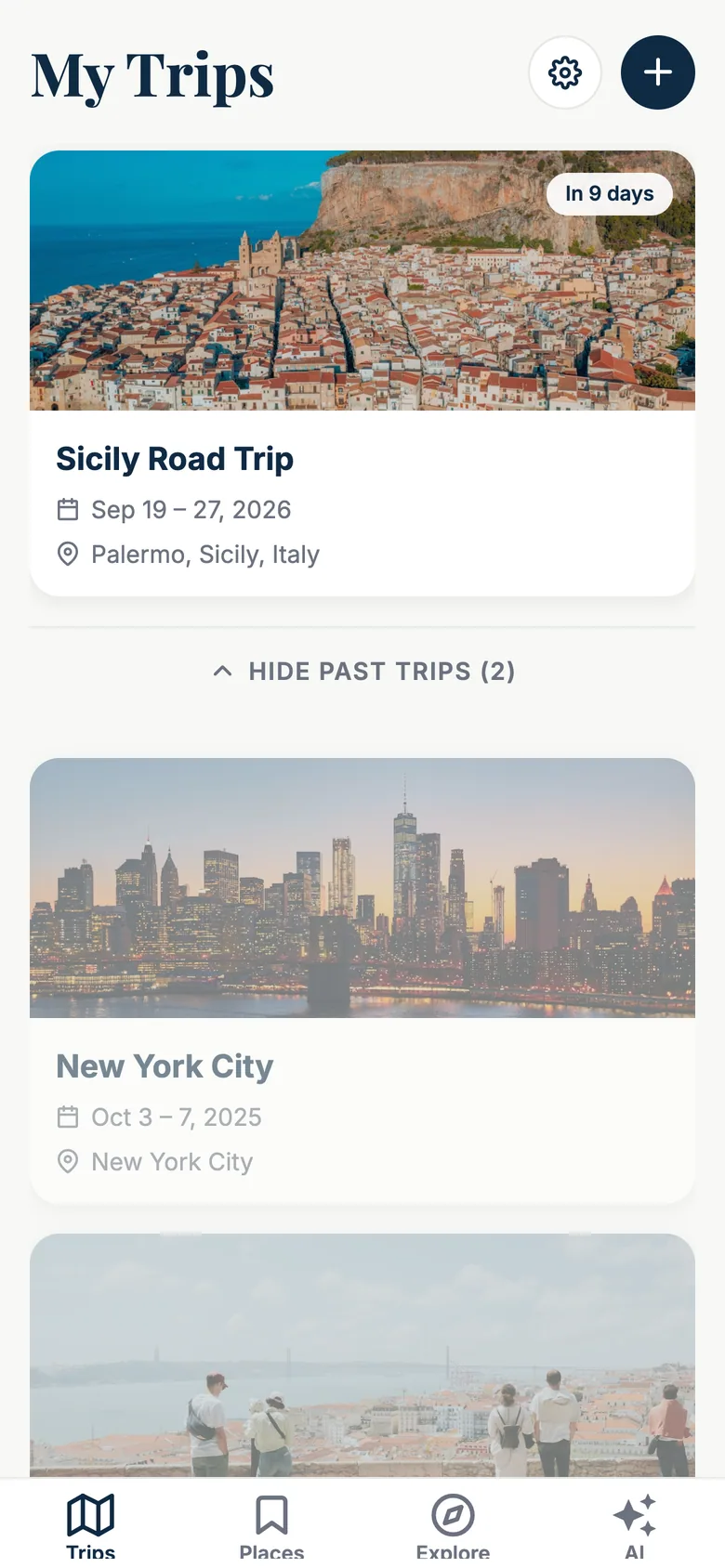 iPhone screen 'My Trips': a large card with a photo of Cefalù for 'Sicily Road Trip', Sep 19–27, 2026, Palermo, Sicily, Italy, with an 'In 9 days' badge; below, the past trips Lisbon & Porto (May 10–18, 2025) and New York City (Oct 3–7, 2025) with their photos; at the bottom the tab bar Trips, Places, Explore, AI.