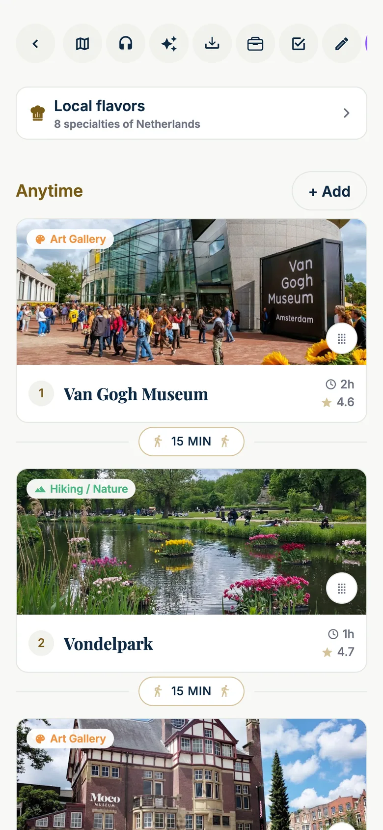 The trip Charted created from the video, on the iPhone: the trip's row of round actions (back, day map, voice guide, Ask Charted, import, wallet, packing, edit), a 'Local flavors — 8 specialties of Netherlands' card, then the 'Anytime' list with an '+ Add' button: stop 1 Van Gogh Museum (Art Gallery, 2 h, 4.6) with its photo, a '15 MIN' walking pill, stop 2 Vondelpark (Hiking / Nature, 1 h, 4.7), another '15 MIN' pill, then the Moco Museum card.