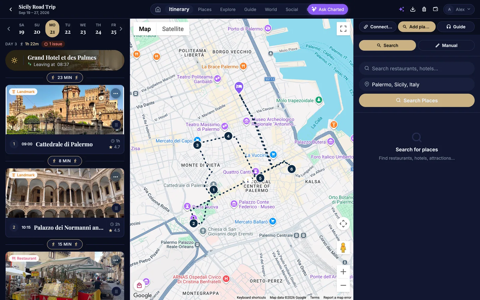 The same day planner in dark mode on the Starry canvas: near-black navy panels with gold accents, the day strip and stop cards with their photos on the left, the light Google map of Palermo with the dotted route in the middle, the Add places panel on the right.