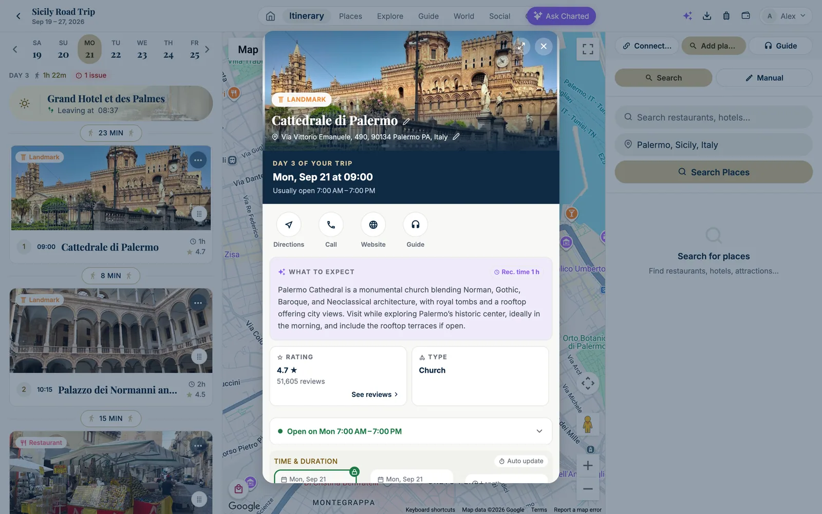 The place card opened as a pop-up over the planner: a photo of Cattedrale di Palermo with the orange LANDMARK chip, the address Via Vittorio Emanuele 490, 90134 Palermo; a navy band reading 'DAY 3 OF YOUR TRIP — Mon, Sep 21 at 09:00 — Usually open 7:00 AM–7:00 PM'; round buttons Directions, Call, Website, Guide; a purple 'WHAT TO EXPECT' AI summary with a 'Rec. time 1 h' badge describing the cathedral's Norman, Gothic, Baroque and Neoclassical architecture and its rooftop views; a RATING tile (4.7 stars, 51,605 reviews, See reviews), a TYPE tile (Church), a green 'Open on Mon 7:00 AM–7:00 PM' row and the Time & duration block with Auto update.