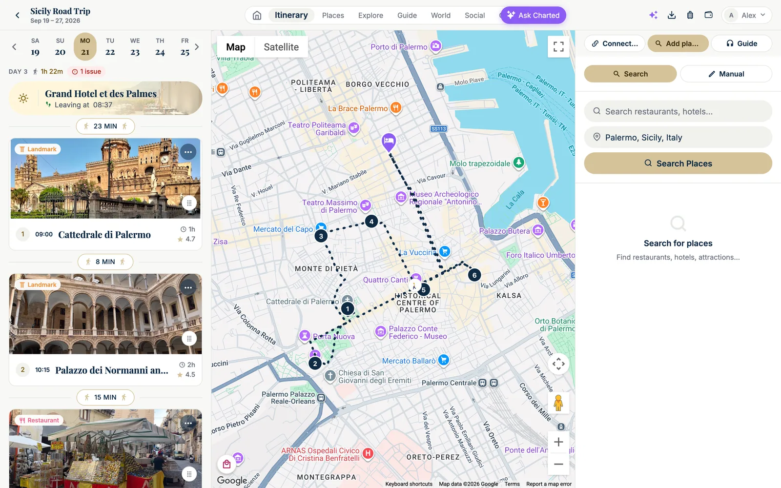 Charted's day planner for Monday, Sep 21 (day 3 of the Sicily Road Trip). Left column: the day strip Sa 19 to Fr 25, 'DAY 3 · 1h 22m · 1 issue', the ghost hotel card 'Grand Hotel et des Palmes — Leaving at 08:37', a '23 MIN' walking pill, stop 1 'Cattedrale di Palermo' at 09:00 with a photo of the cathedral (1 h, 4.7 stars), an '8 MIN' pill, stop 2 'Palazzo dei Normanni' at 10:15 (2 h, 4.5 stars), a '15 MIN' pill and a street-food restaurant card. Middle: a Google map of Palermo with numbered pins 1 to 6 joined by a dotted walking route along the real streets, the hotel marked with a purple bed pin. Right: the 'Add places' panel with a Search / Manual toggle, a search field and the location 'Palermo, Sicily, Italy'.