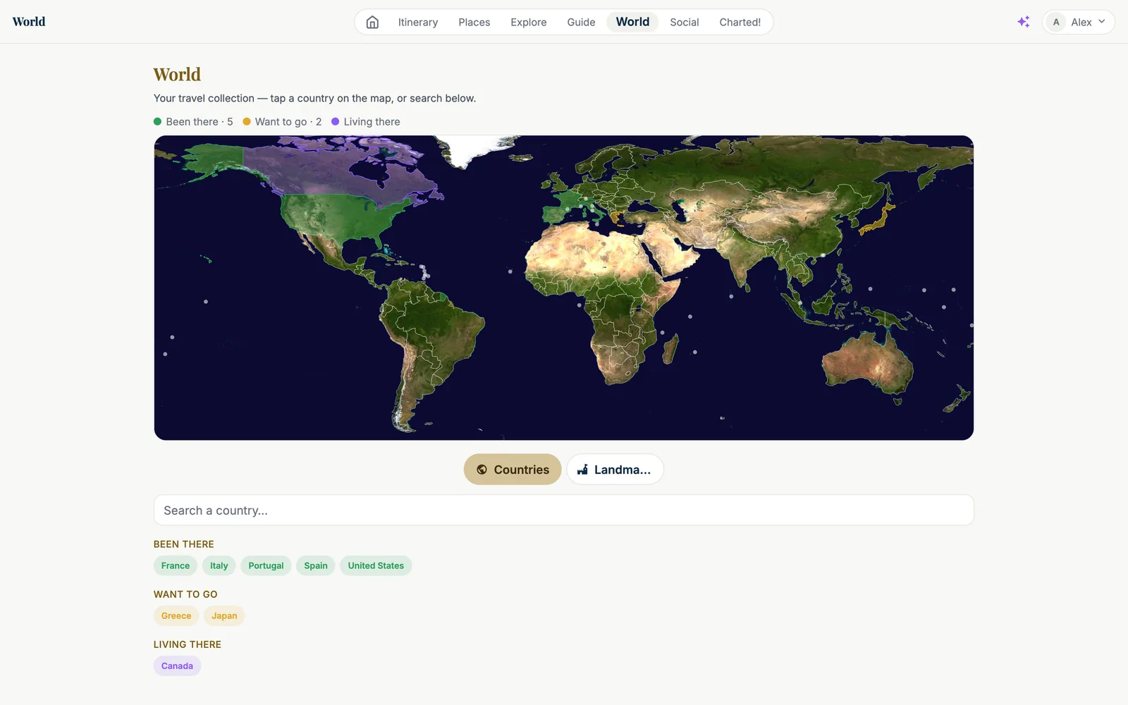 The World collection: a satellite world map with countries coloured — green for 'Been there' (France, Italy, Portugal, Spain, United States), gold for 'Want to go' (Greece, Japan), purple for 'Living there' (Canada) — with the legend 'Been there · 5, Want to go · 2, Living there', Countries / Landmarks tabs, a 'Search a country' field and the three lists of country chips.